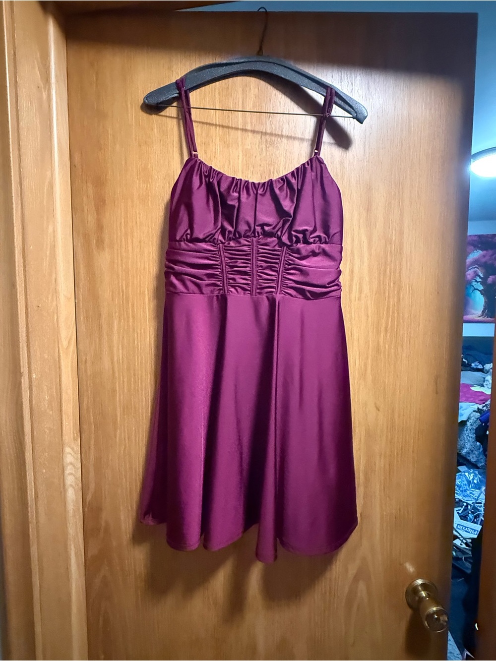 Emerald Sundae Satin Plum Spaghetti-Strap Formal Dress